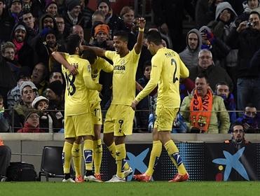 Villarreal celebrate one of their two recent goals at the Nou Camp 
